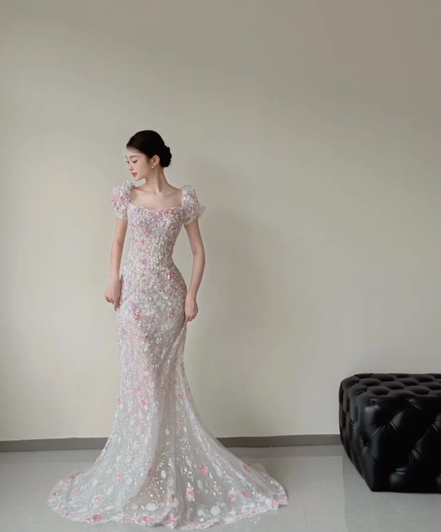 Square Neck Mermaid Long Wedding Dresses Applique Tulle Bridal Gowns Short Sleeve Bridal Dresses HZ1024
