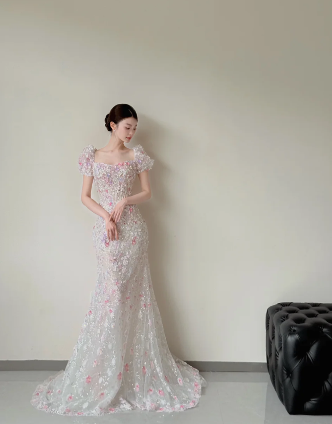 Square Neck Mermaid Long Wedding Dresses Applique Tulle Bridal Gowns Short Sleeve Bridal Dresses HZ1024
