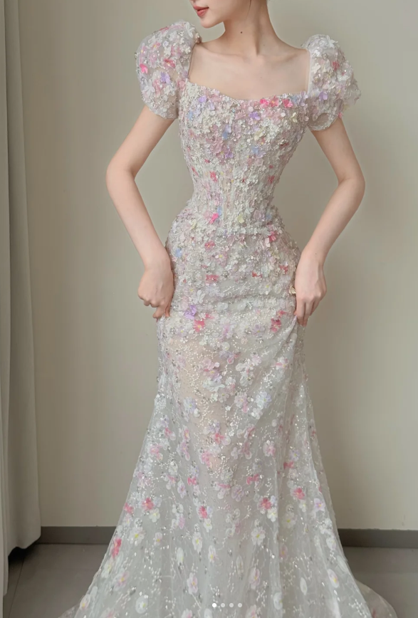 Square Neck Mermaid Long Wedding Dresses Applique Tulle Bridal Gowns Short Sleeve Bridal Dresses HZ1024