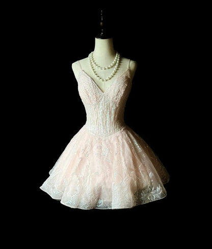 Cute V-neck A-Line Short Prom Dresses Sequin Tulle Pink Homecoming Dresses ED04732