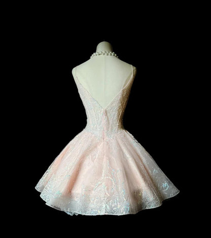 Cute V-neck A-Line Short Prom Dresses Sequin Tulle Pink Homecoming Dresses ED04732