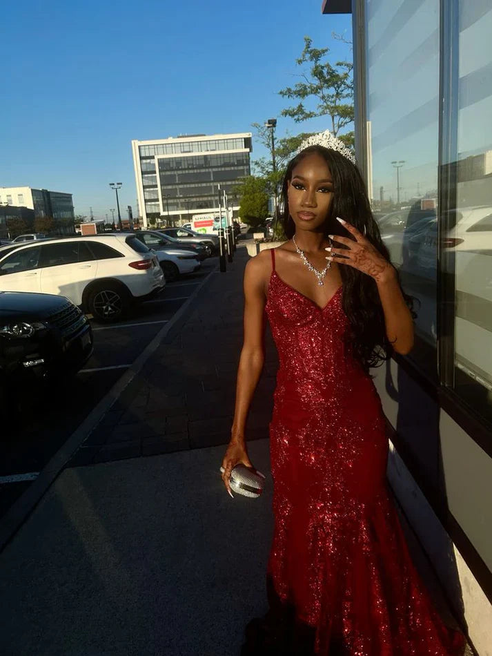 Elegant Spaghetti Strap Mermaid Long Prom Dresses Sequin Burgundy New Year's Eve Dress Birthday Dresses ED04746