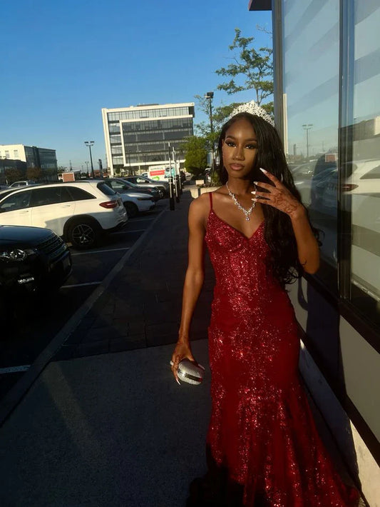 Elegant Spaghetti Strap Mermaid Long Prom Dresses Sequin Burgundy New Year's Eve Dress Birthday Dresses ED04746