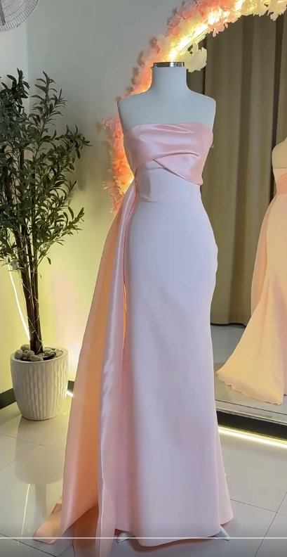 Fairy Strapless Sheath Long Prom Dresses Chiffon Satin New Year Evening Dress Pink Formal Dresses ED04747