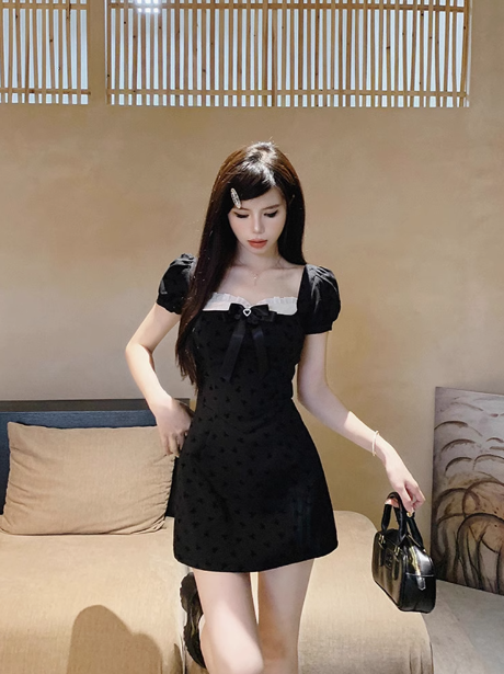 A-line bow stitching black dress HZ1024