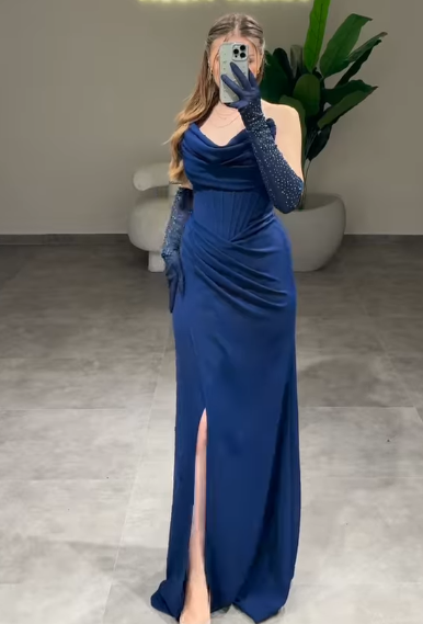 Strapless Sheath Long Prom Dresses Satin Navy Blue New Year Evening Dresses HZ1024