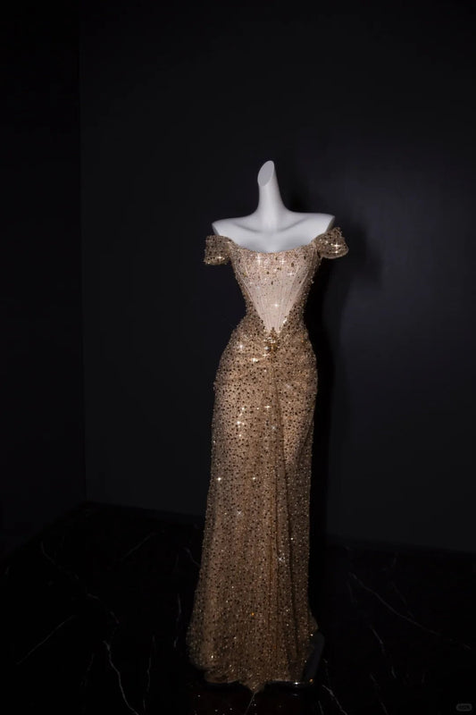 Glam Off-the-shoulder Sheath Long Prom Dresses Tulle Sequins Gold New Year's Evening Dresses Sparkly Birthday Dresses ED04751