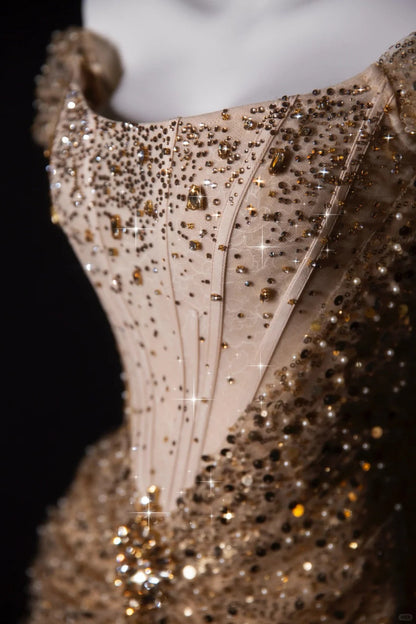 Off-the-shoulder Sheath Long Prom Dresses Tulle Sequins Gold New Year's Evening Dresses Sparkly Birthday Dresses HZ1024