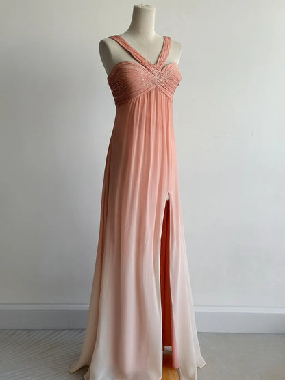 V-neck Sheath Long Prom Dresses Vintage Chiffon Peach Evening Dress with Slits HZ1024