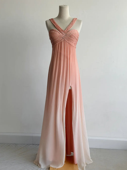 Gorgeous V-neck Sheath Long Prom Dresses Vintage Chiffon Peach Evening Dress with Slits ED04756