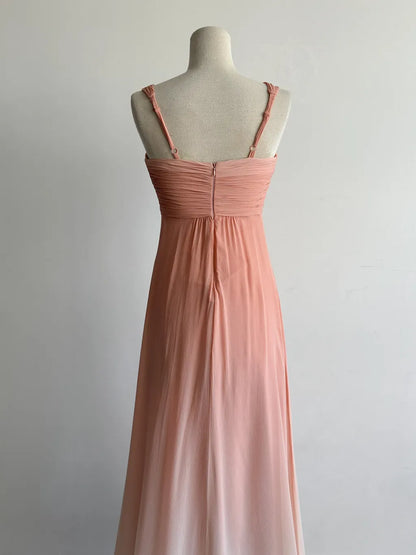 Gorgeous V-neck Sheath Long Prom Dresses Vintage Chiffon Peach Evening Dress with Slits ED04756