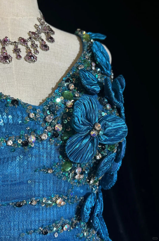 Asymmetric Neck Mermaid Long Prom Dresses Vintage Tulle Sequin Blue Evening Dress Applique Sweet 16 Dress HZ1024