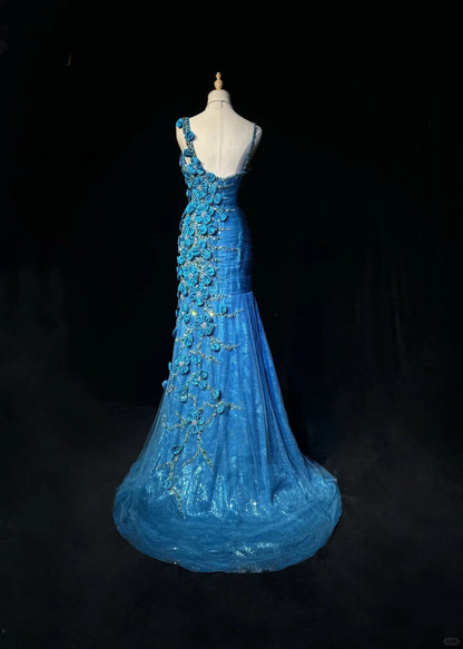 Asymmetric Neck Mermaid Long Prom Dresses Vintage Tulle Sequin Blue Evening Dress Applique Sweet 16 Dress HZ1024