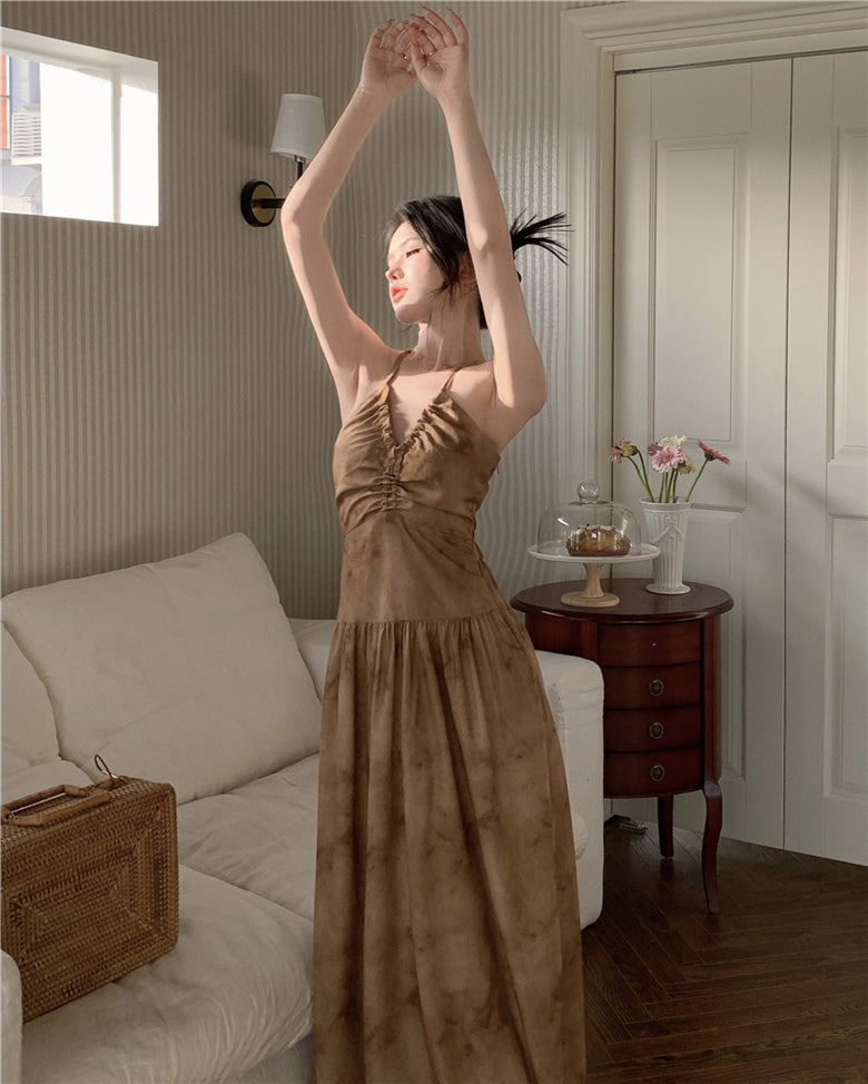 Brown A-line halter neck suspender V-neck backless dress ED0475