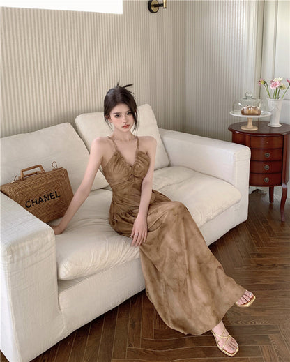 A-line halter neck suspender V-neck backless dress HZ1024