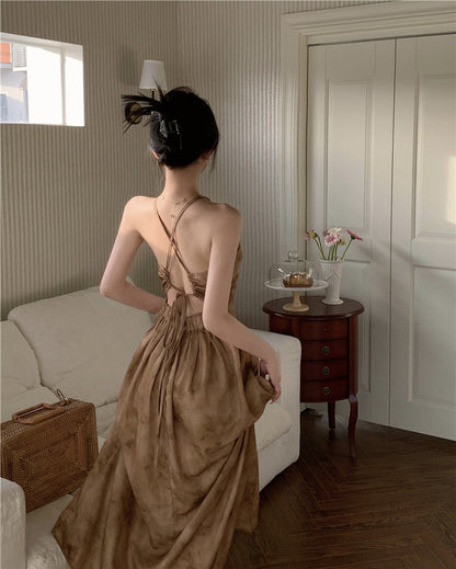 Brown A-line halter neck suspender V-neck backless dress ED0475