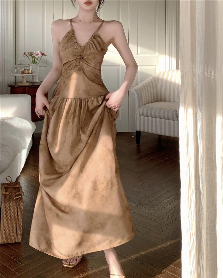 A-line halter neck suspender V-neck backless dress HZ1024