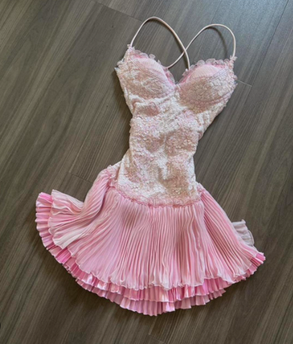 Pink Spaghetti Strap Chiffon Party Dresses Lace Applique Short Prom Dresses Homecoming Dress HZ1024