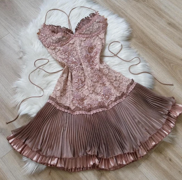 Sweet Pink Spaghetti Strap Chiffon Party Dresses Lace Applique Short Prom Dresses Homecoming Dress  ED04761