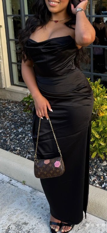 Elegant Strapless Sheath Long Prom Dresses Satin Black Evening Dresses ED04764