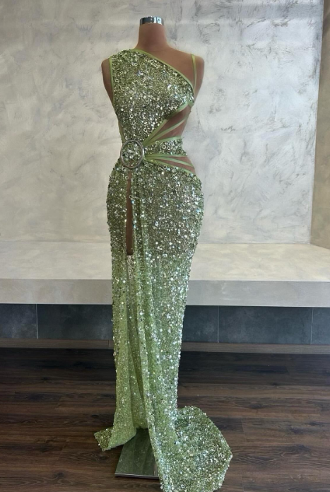 Chic Asymmetric Sheath Long Prom Dresses Tulle Sequins Green Evening Dresses with Slits ED04765