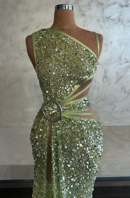 Asymmetric Sheath Long Prom Dresses Tulle Sequins Green Evening Dresses with Slits HZ1024