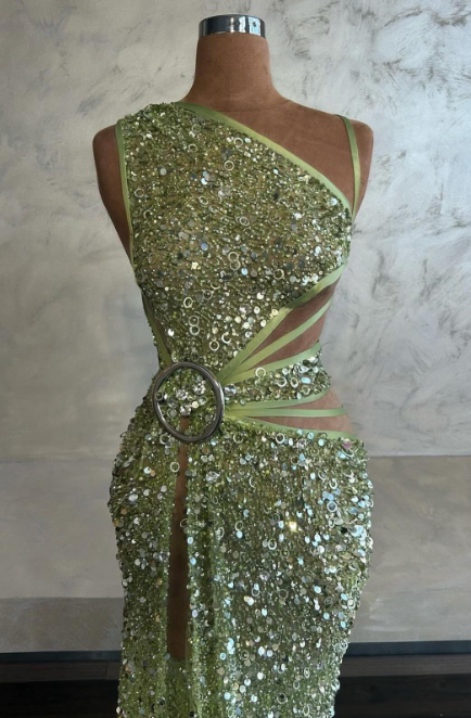 Asymmetric Sheath Long Prom Dresses Tulle Sequins Green Evening Dresses with Slits HZ1024