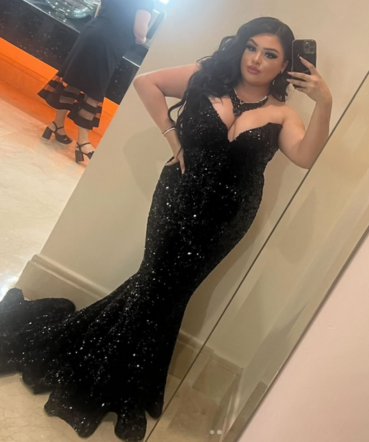 Chic V-neck Mermaid Long Prom Dresses Tulle Sequin Black Evening Dresses ED04766