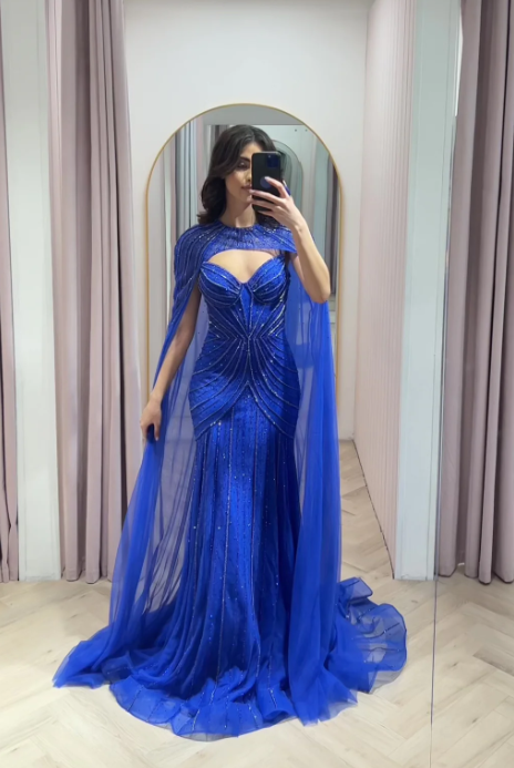 Sexy Spaghetti Strap Mermaid Long Prom Dresses with Beaded Chiffon and Royal Blue Evening Dresses with Cape ED04767
