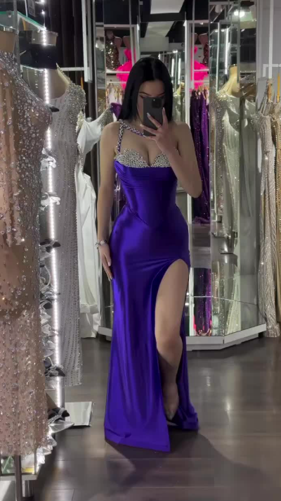 Elegant Rhinestone Sheath Long Prom Dresses Satin Purple Evening Dresses with Slits ED04769