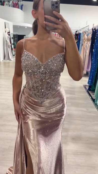 Elegant Spaghetti Strap Sheath Long Prom Dresses Satin New Year's Eve Dresses with Slits ED04770