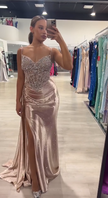 Elegant Spaghetti Strap Sheath Long Prom Dresses Satin New Year's Eve Dresses with Slits ED04770
