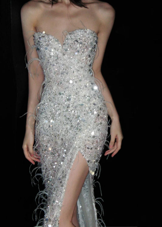 Sweetheart Mermaid Long Prom Dresses Sequined White Evening Dresses with Slits HZ1024