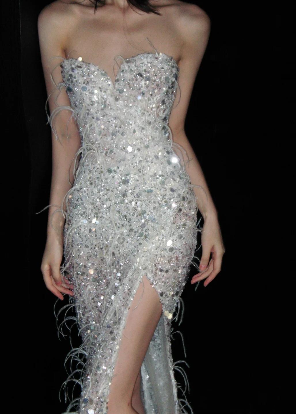 Chic Sweetheart Mermaid Long Prom Dresses Sequined White Evening Dresses with Slits ED04772