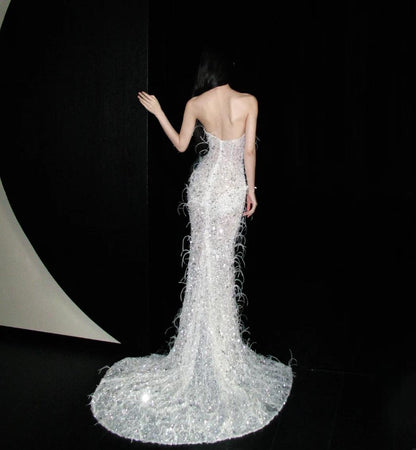 Chic Sweetheart Mermaid Long Prom Dresses Sequined White Evening Dresses with Slits ED04772