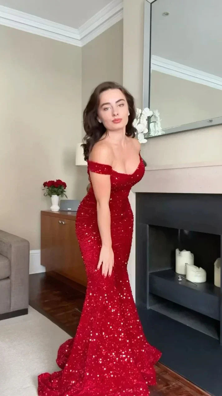Off-the-shoulder Mermaid Long Prom Dresses Sequin Red New Year's Eve Dresses HZ1024