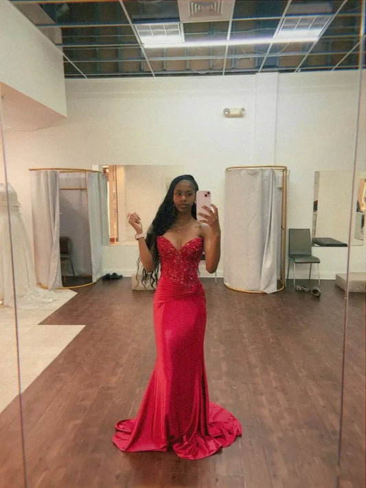 Elegant Sweetheart Neck Mermaid Long Prom Dresses Satin Applique Beading Red New Year's Evening Dresses ED04778