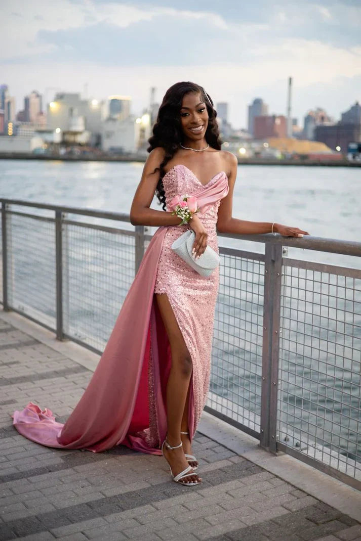 Elegant Sweetheart Neck Sheath Long Prom Dresses Satin Sequin Pink New Year Evening Dresses ED04783