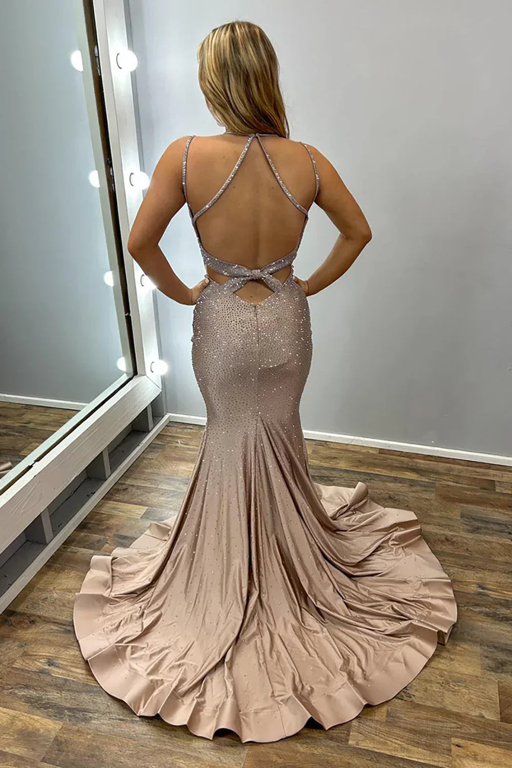 Spaghetti Strap Sheath Long Prom Dresses Satin Champagne Wedding Guest Dresses HZ1024