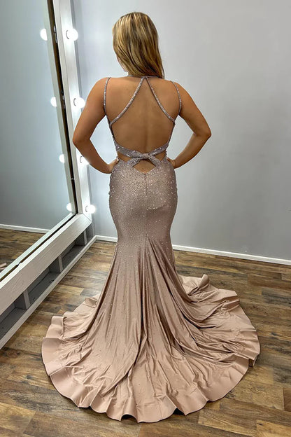 Elegant Spaghetti Strap Sheath Long Prom Dresses Satin Champagne Wedding Guest Dresses ED04784