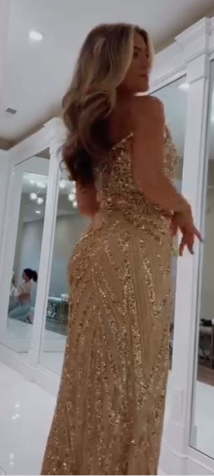 V-neck Sheath Long Prom Dresses Gold Wedding Guest Dresses HZ1024