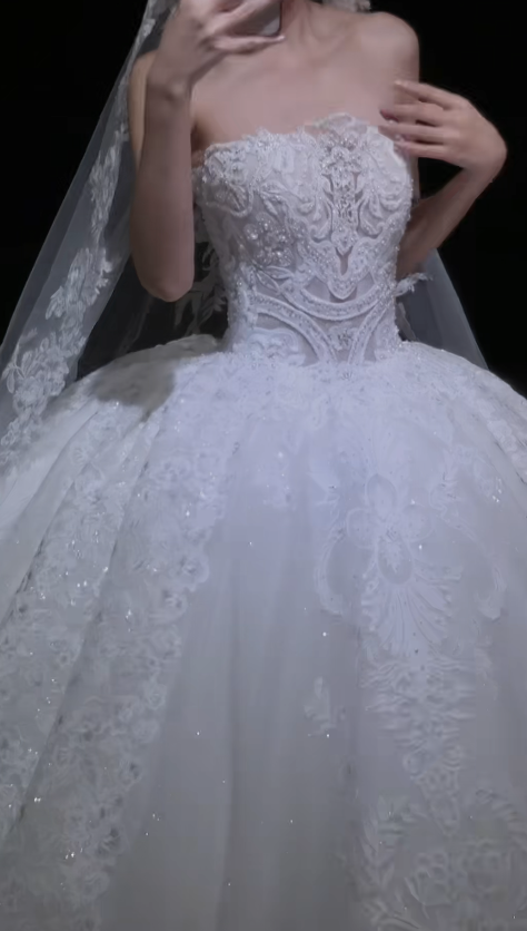 Strapless Ball Gown with Lace Appliques Long Wedding Dresses with Beading White Bridal Gowns Sleeveless Bridal Dresses HZ1024