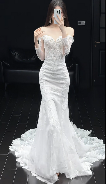 Off-the-shoulder Mermaid Wedding Dresses with Train Beading Lace White Bridal Gowns Applique Long Sleeve Bridal Dresses HZ1024
