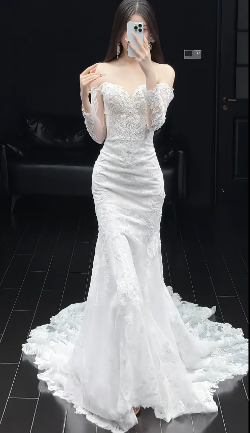 Off-the-shoulder Mermaid Wedding Dresses with Train Beading Lace White Bridal Gowns Applique Long Sleeve Bridal Dresses HZ1024