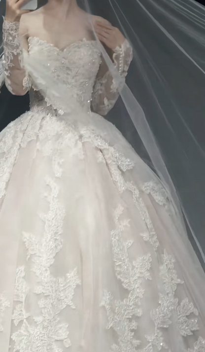 Sweetheart Neck Ball Gown Lace Wedding Dresses Applique White Bridal Gowns Sleeveless Bridal Dresses HZ1024
