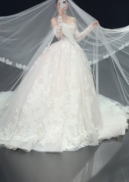 Sweetheart Neck Ball Gown Lace Wedding Dresses Applique White Bridal Gowns Sleeveless Bridal Dresses HZ1024
