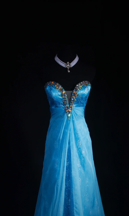 Sweetheart Neck A-Line Long Prom Dresses Vintage Satin Blue Evening Dresses HZ1024