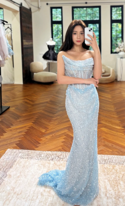 Mermaid Long Prom Dresses Sequin Tulle Light Blue Evening Dresses Strapless Birthday Dresses HZ1024