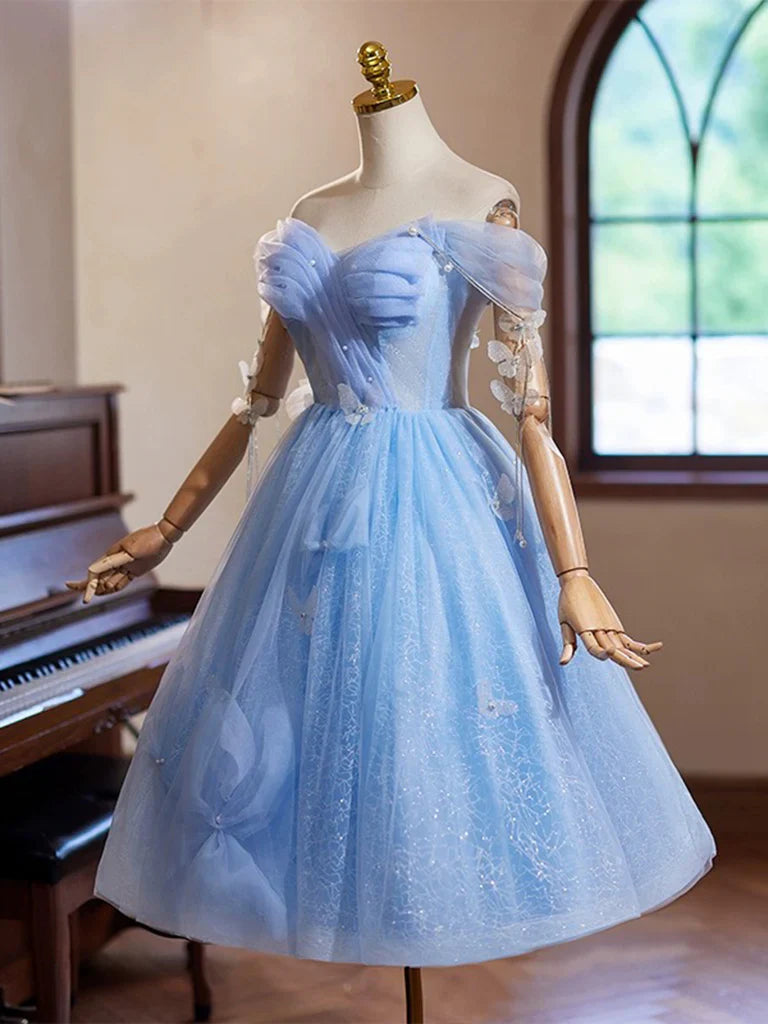 A-Line Sweetheart Neck Off Shoulder Blue Short Prom Dress with Beads ED048