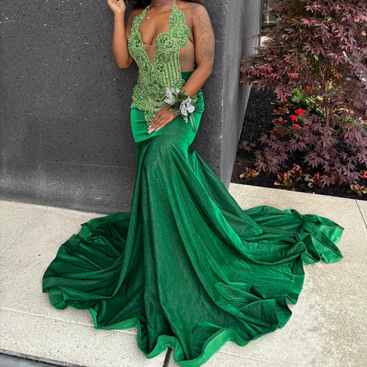 Sexy Halter Mermaid Green Long Prom Dresses Velvet Green Evening Dresses  ED04805
